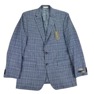 Michael Kors Mens Kent Classic Fit Stretch Plaid Sport Coat Blue White 42L
